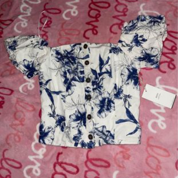 Off Shoulder White and Blue Top - Picture 1 of 4